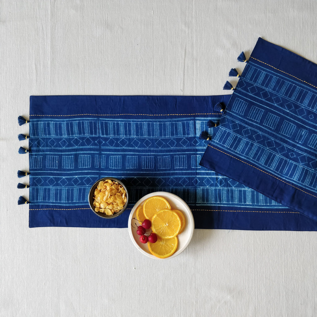 Aztec Six-Seater Shibori Table Runner: Blue