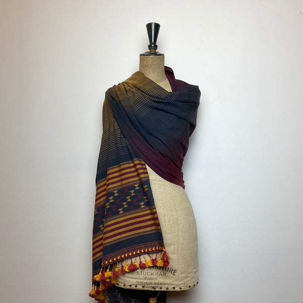 Bhujodi Striped Cotton Dupatta: Navy Blue, Maroon, and Ochre