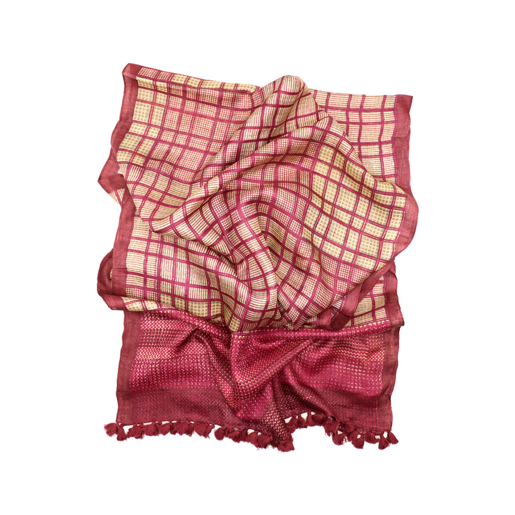 Checks: Hand Printed Tussah Silk Stole: Pink