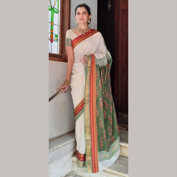 Upcycled South cotton saree: Natural White