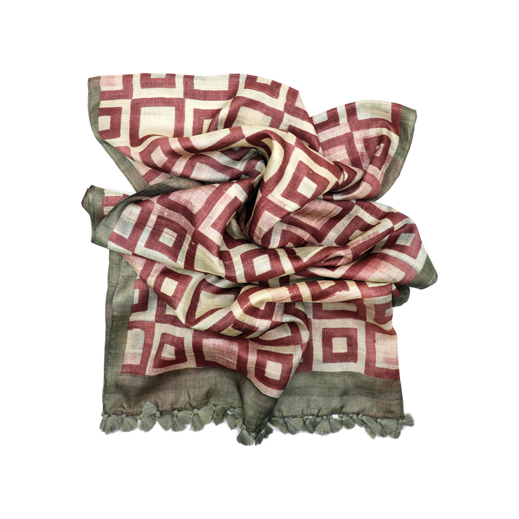 Modernist Squares: Hand Printed Tussah Silk Stole: Maroon and Ecru