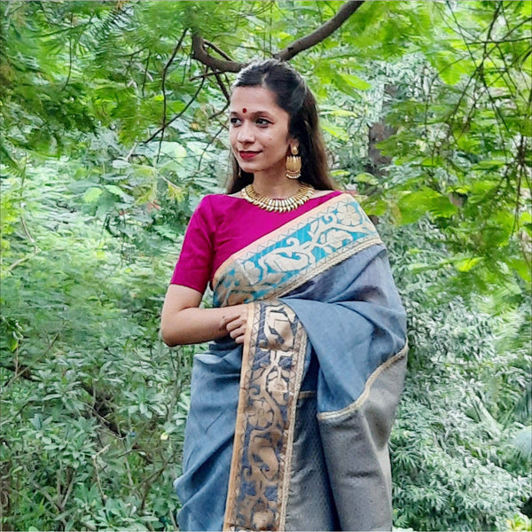 Upcycled Silk Organza Sari: Blue and Grey