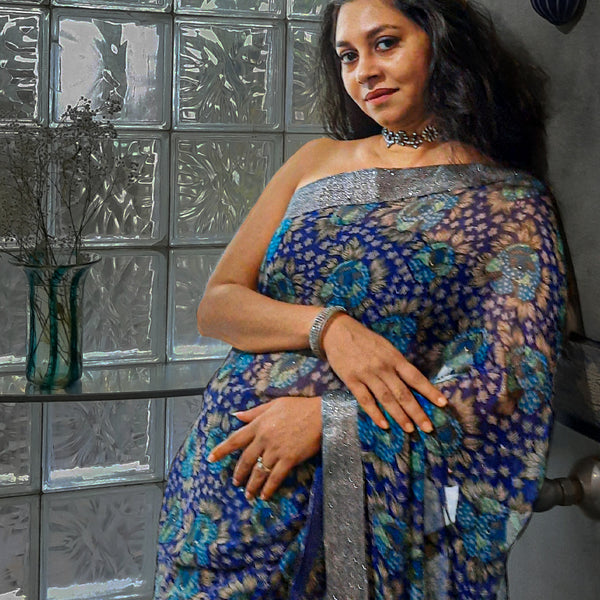 Upcycled Vintage Printed Chiffon Sari Navy Blue