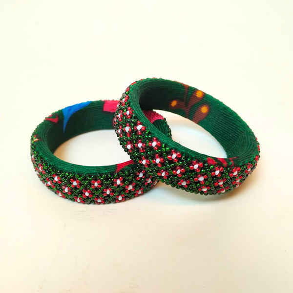Pair of Beaded Bangles: Green and Red (Set of 2)