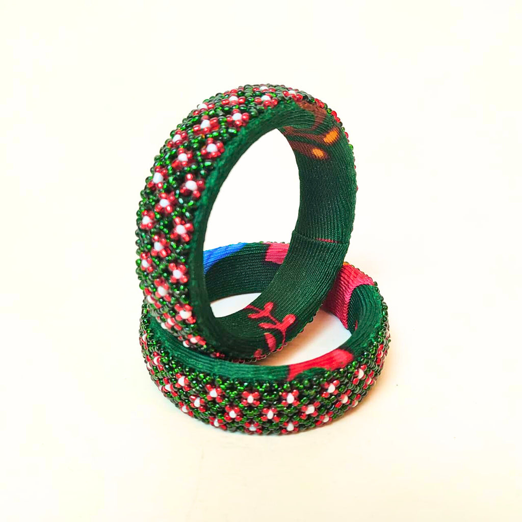 Pair of Beaded Bangles: Green and Red (Set of 2)