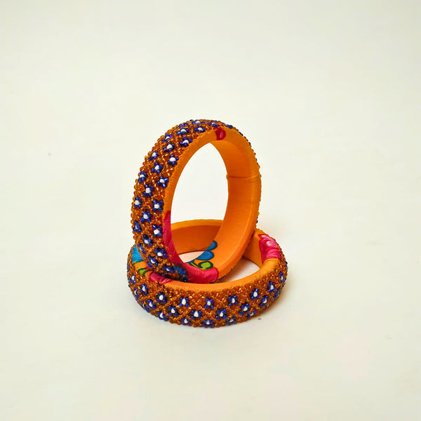 Pair of Beaded Bangles: Orange, Blue and White (Set of 2)
