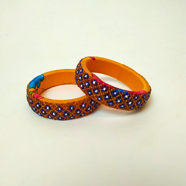 Pair of Beaded Bangles: Orange, Blue and White (Set of 2)
