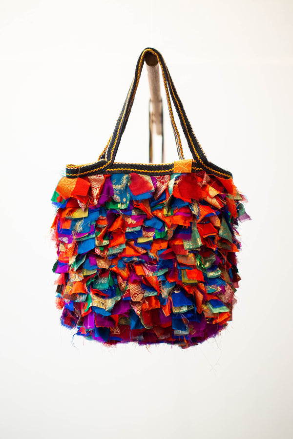 Upcycled Shaggy Rag Bag Tote: Multicolored Silk