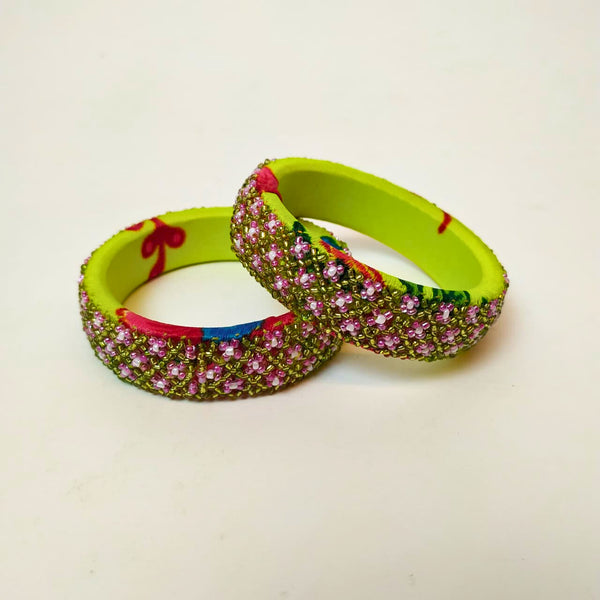Pair of Beaded Bangles: Green, Pink and White  (Set of 2)