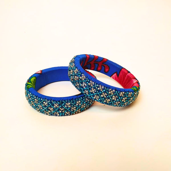 Pair of Beaded Bangles: Blue and Silver (Set of 2)