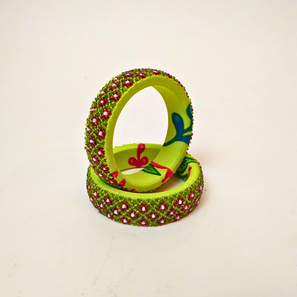 Pair of Beaded Bangles: Green, Red and White (Set of 2)
