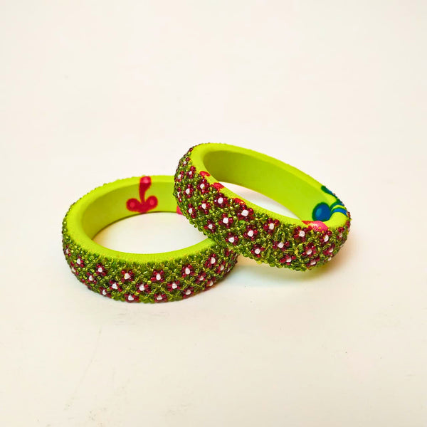 Pair of Beaded Bangles: Green, Red and White (Set of 2)