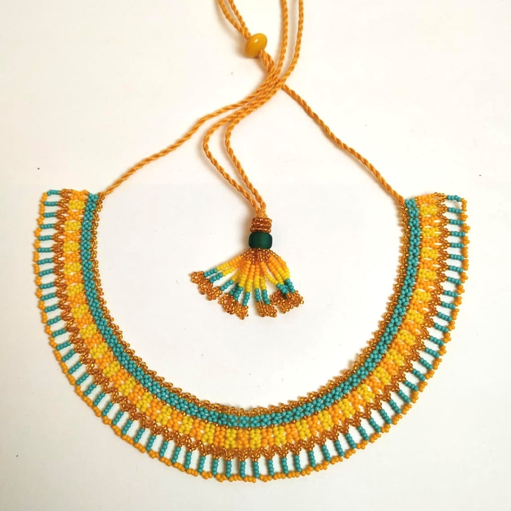 Anvi Shah's Beaded Necklace: Yellow, Golden and Blue