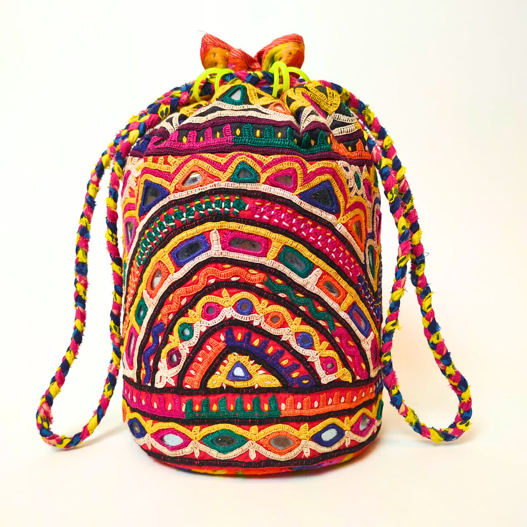 Vintage Rabari Embroidery Potli Bag: Multicolour