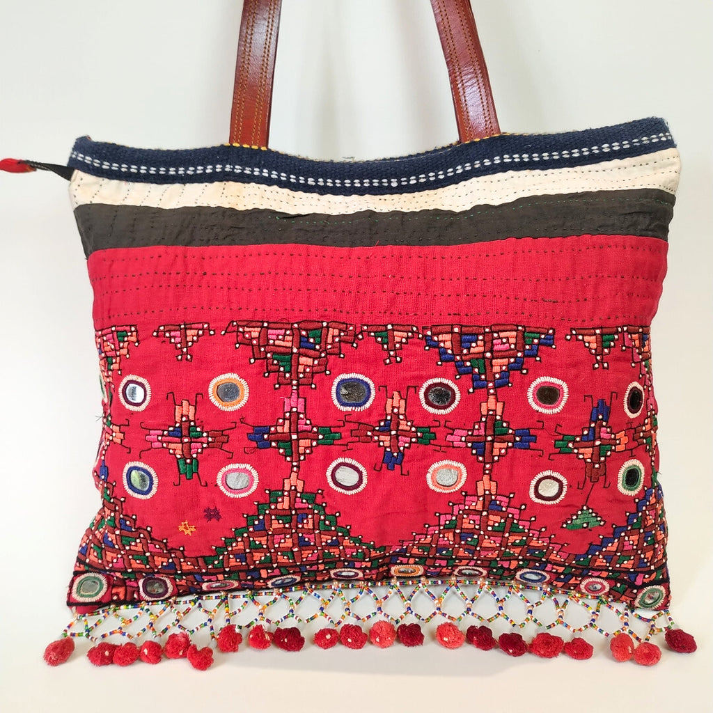 Large Vintage Embroidery Tote Bag: Red