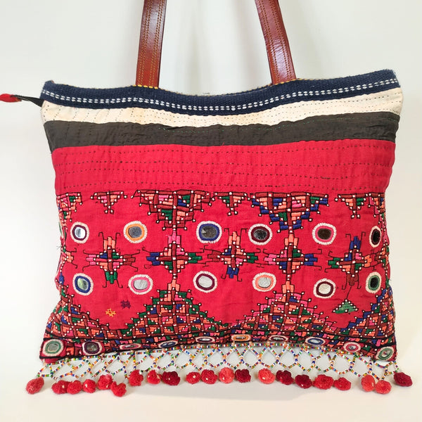 Large Vintage Embroidery Tote Bag: Red