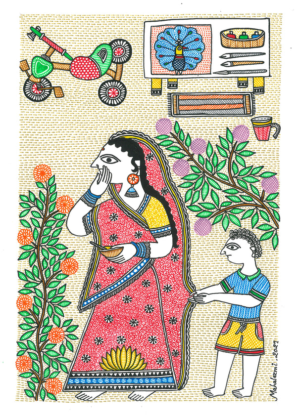 Madhubani Art | Mother and Son at Playtime
