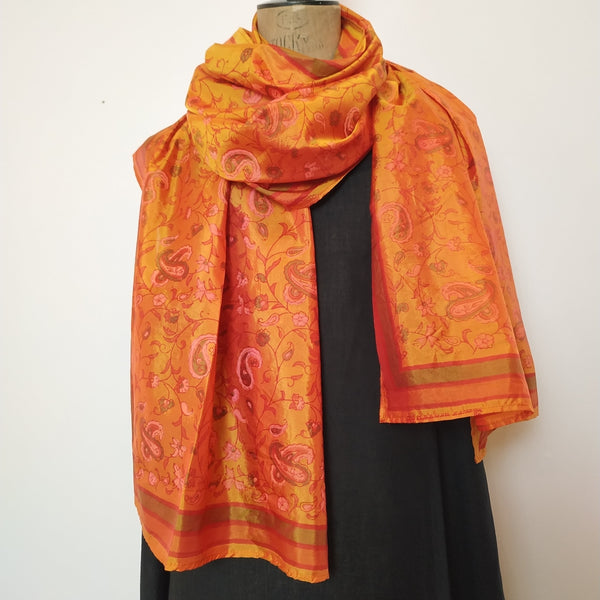Mita Parekh's Block Printed Silk Stole: Orange