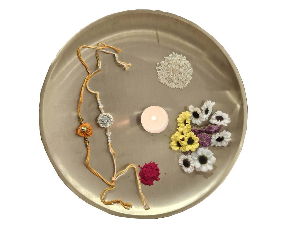 Cotton Crocheted Medium White and Orange Rakhis : Rosette 2: Set of Two