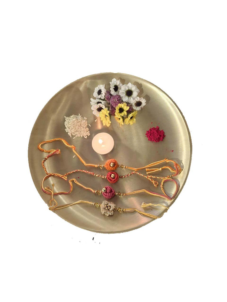 Cotton Crocheted Medium White, Pink and Orange Rakhi's : Rosette 4: Set of Four