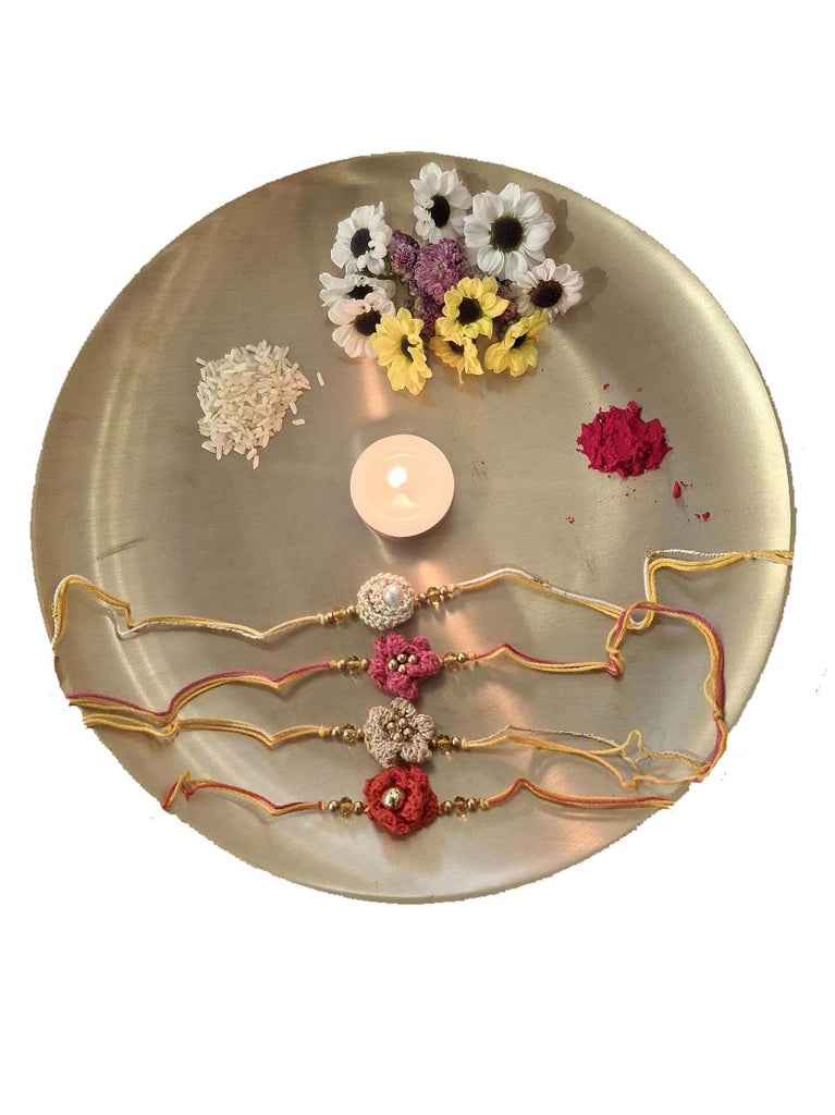 Cotton Crocheted Medium White, Pink and Red Rakhi's : Rosette 4: Set of Four