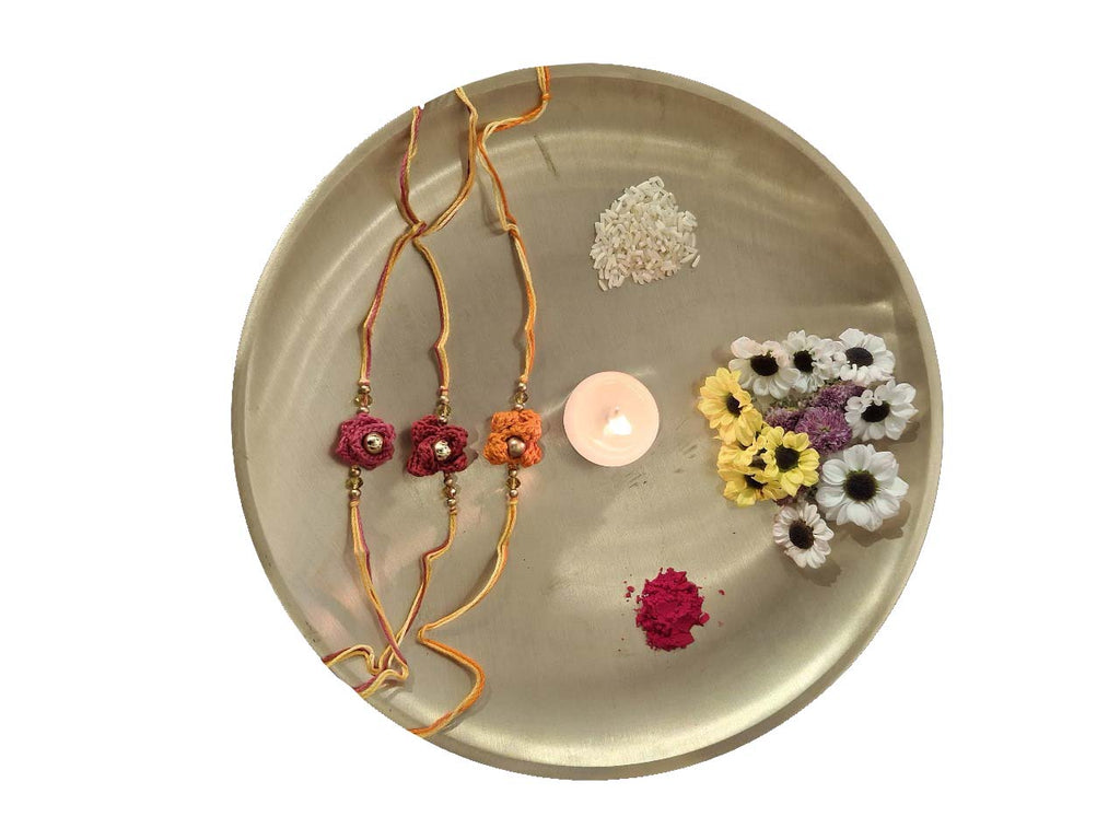 Cotton Crocheted Medium Orange, Pink and Light Pink Rakhi's : Rosette 3: Set of Three