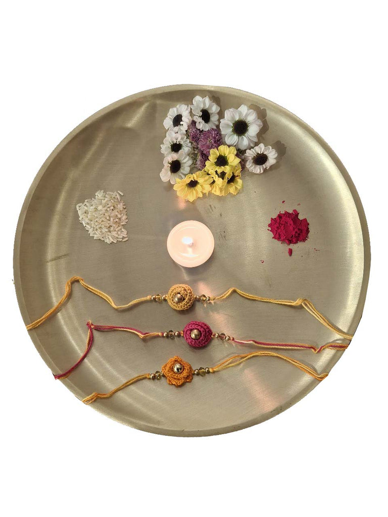 Cotton Crocheted Medium Golden, Pink and Yellow Rakhi's : Rosette 3: Set of Three