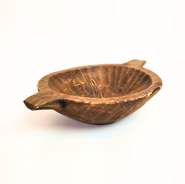 TRIBOLT Hand-Carved Natural Wood Dual-Handled Bowl: Brown
