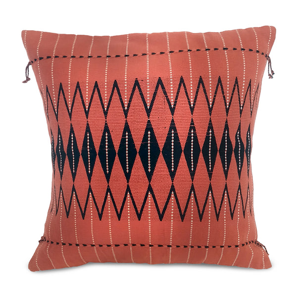 Pair of Harlequin Diamond Backstrap Woven Cotton Cushion Cover: Terracotta and Black