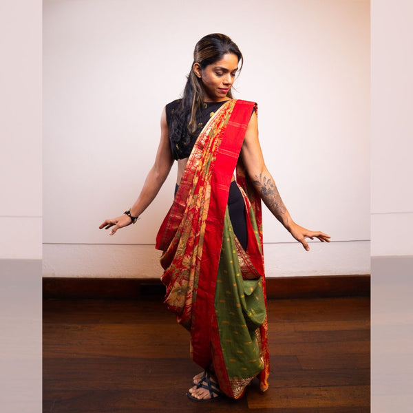 Touch of Joy Upcycled Sari: Red Floral and Green Silk