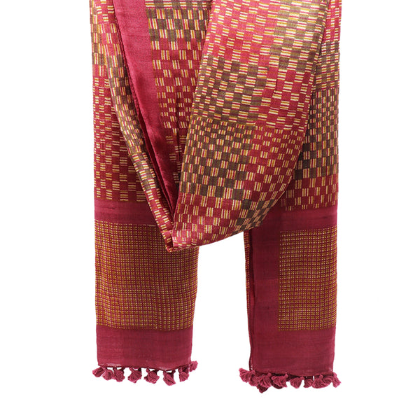 Checkers: Hand Printed Tussah Silk Stole: Pink and Ecru