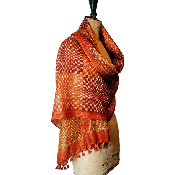 Checkers: Hand Printed Tussah Silk Stole: Rust
