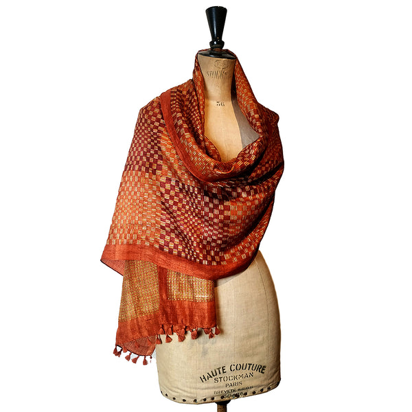 Checkers: Hand Printed Tussah Silk Stole: Rust