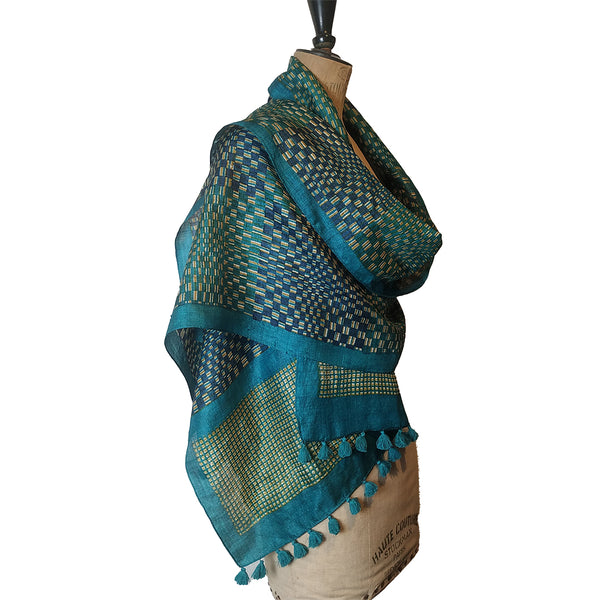 Checkers: Hand Printed Tussah Silk Stole: Turquoise