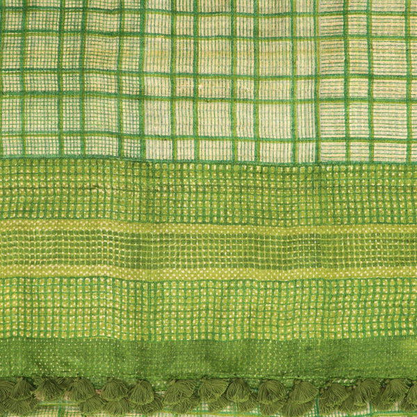 Checks: Hand Printed Tussah Silk Stole: Green
