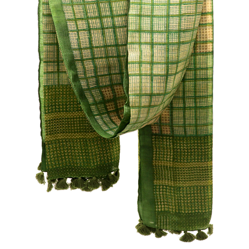 Checks: Hand Printed Tussah Silk Stole: Green