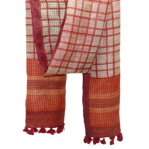 Checks: Hand Printed Tussah Silk Stole: Orange and Red
