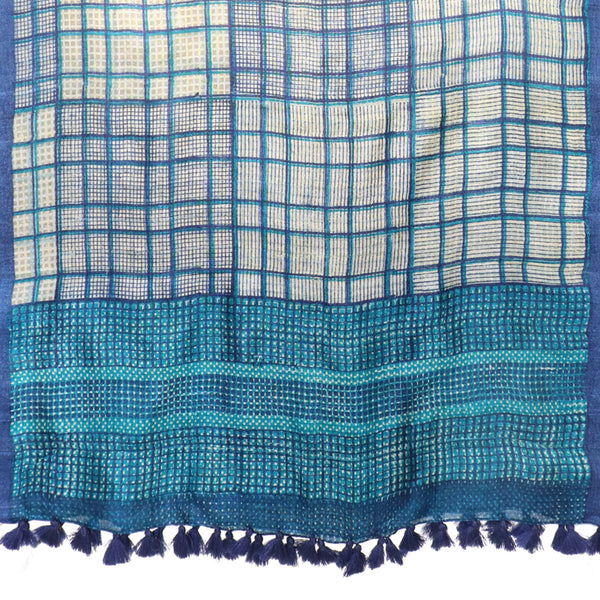 Checks: Hand Printed Tussah Silk Stole: Turquoise