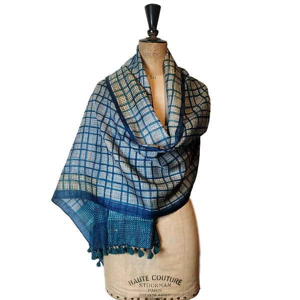 Checks: Hand Printed Tussah Silk Stole: Turquoise and Blue