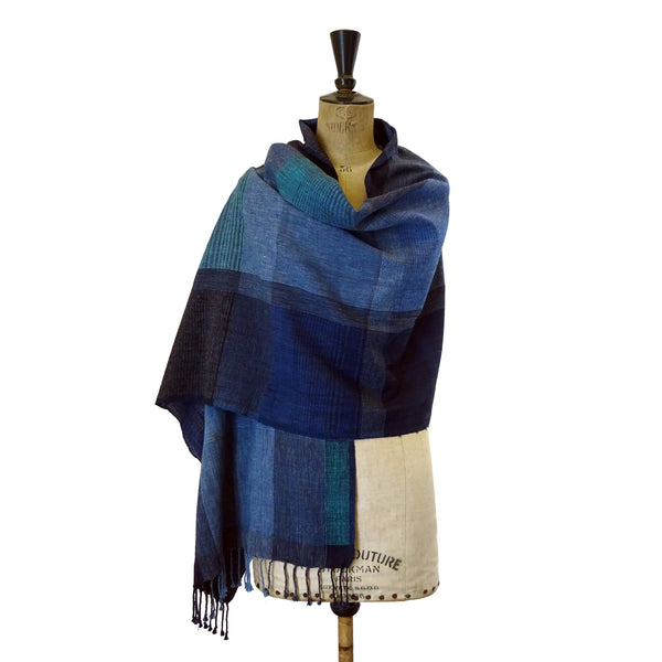 Modernist Indigo and Seagreen Handwoven Jamdani Stole