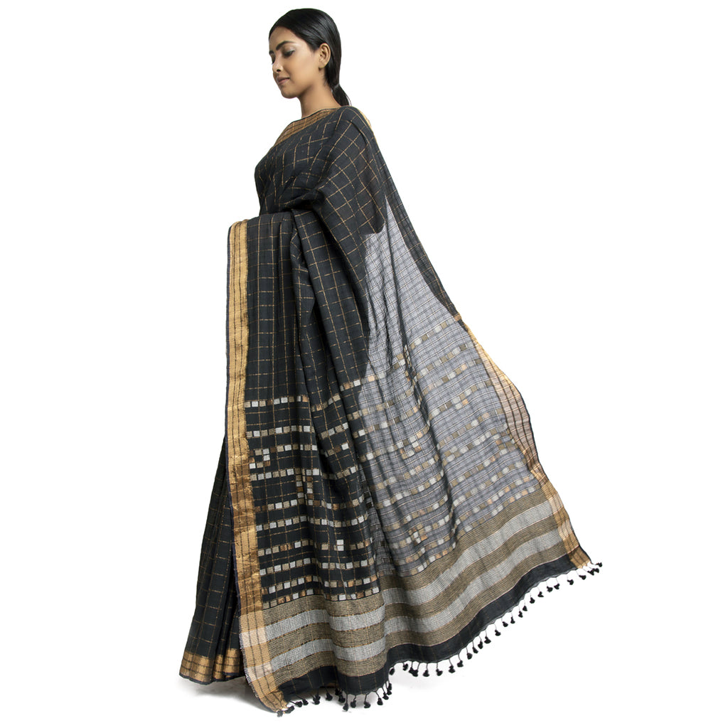 Handwoven Cotton Jamdani Sari: Black Magic
