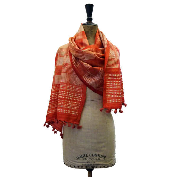 Hand Printed Tussah Silk Stole: Grids: Red