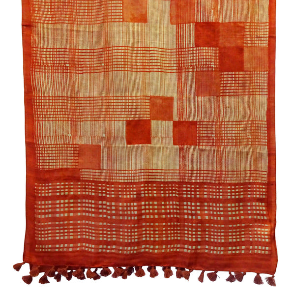 Hand Printed Tussah Silk Stole: Grids: Red