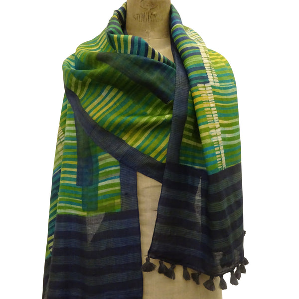 Hand Printed Tussah Silk Stole: Lines: Greens