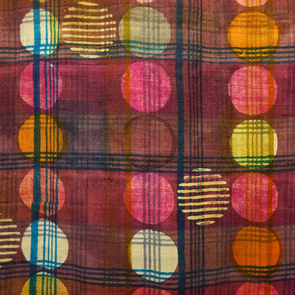 Hand Printed Tussah Silk Stole: Grids and Dots: Mutlicolour