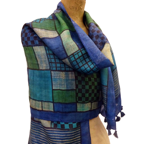Hand Printed Tussah Silk Stole: Grids: Blues