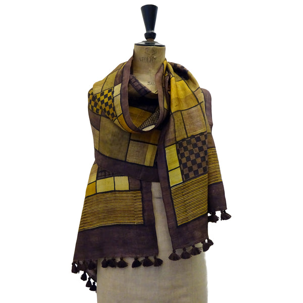 Hand Printed Tussah Silk Stole: Grids: Ochres