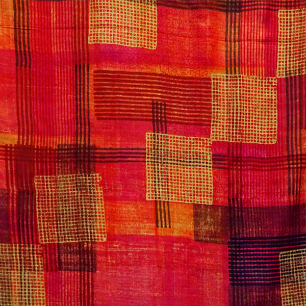 Hand Printed Tussah Silk Stole: Grids: Reds