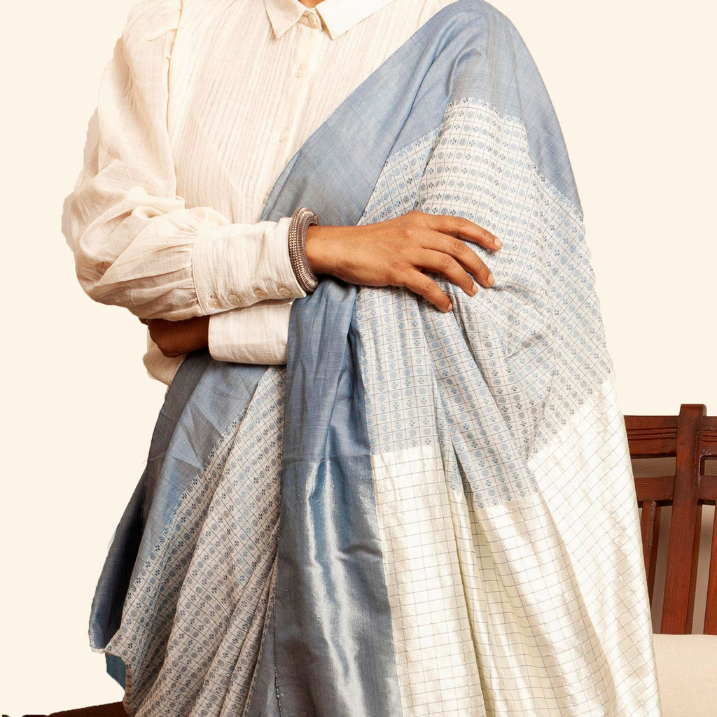Lakshmi Khun Cotton-Silk Sari: Kora and Indigo