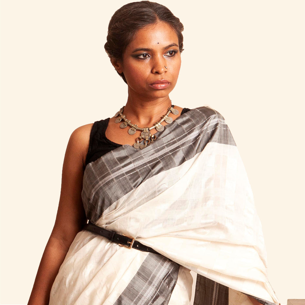 Shanta Ilkal Cotton-Silk Sari: Checkered White with Grey Border